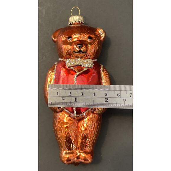 Vintage Lauscha Glas Creation Bear Christmas Ornament Blown Glass Red Vest - Picture 6 of 8